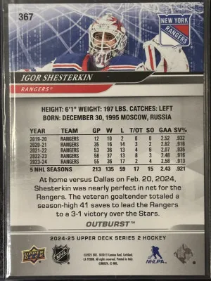 24-25 Upper Deck Igor Shesterkin red outburst /25 back