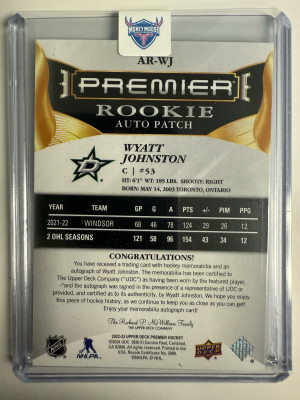 2022-23 Premier Wyatt Johnston Rookie Auto Patch #51/99 back