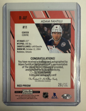 2023-24 OPC Platinum Adam Fantilli Red Prism Auto #26/30 back