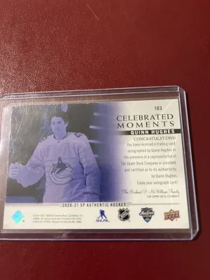 Quinn Hughes 2020-21 SP Authentic Celebrated Moments Auto back