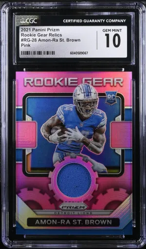 2021 Panini Prizm Amon-Ra St. Brown Pink Rookie Gear Patch #RG-28 RC Gem CGC 10 front