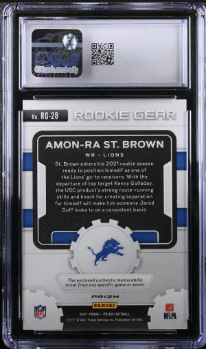 2021 Panini Prizm Amon-Ra St. Brown Pink Rookie Gear Patch #RG-28 RC Gem CGC 10 back