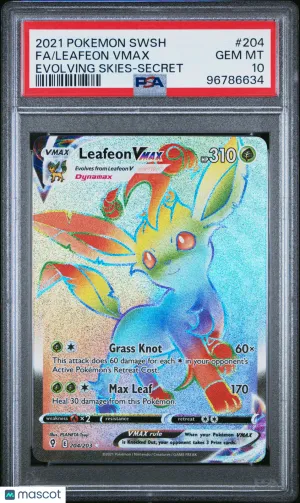 2021 Pokemon Sword & Shield Evolving Skies Leafeon Vmax #204 PSA 10 front