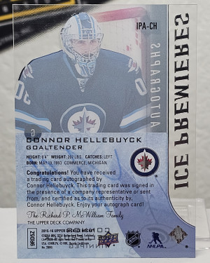 2015-16 Ice Rookie Ice Premieres Auto CONNOR HELLEBUYCK /499 #IPA-CH back