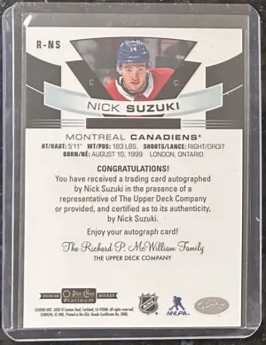 2019 Nick Suzuki OPC Platinum Rookie Autos back