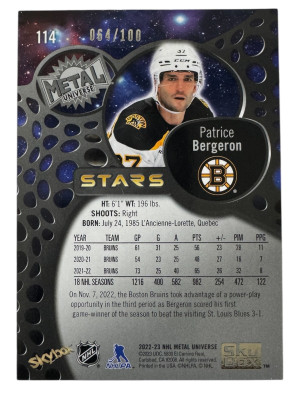 22-23 Skymetal PMG /100 Patrice Bergeron back