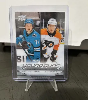 24-25 UD Macklin Celebrini/Matvei Michkov Clear Cut Young Guns Checklist SP front