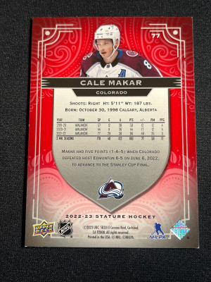 Cale Makar /33 made Photo Variant Red Stature 2022-23 Hockey Card 77 back