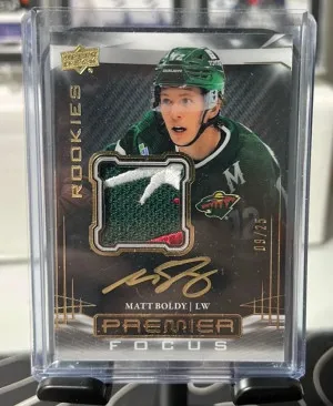 22-23 UD Premier Focus Matt Boldy Minnesota Wild Rookie Patch Auto /25 front