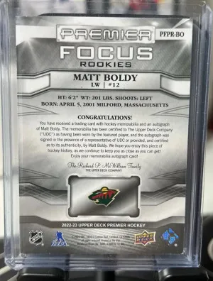 22-23 UD Premier Focus Matt Boldy Minnesota Wild Rookie Patch Auto /25 back