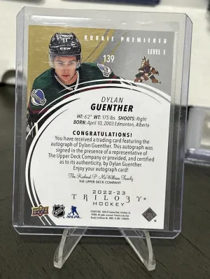 22-23 UD Trilogy Dylan Guenther Utah/Arizona Rookie Premiers Auto /299 back