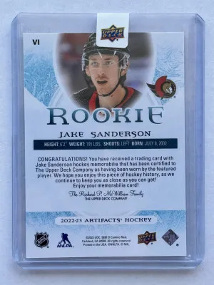 2023-24 Artifacts Rookie Materials Jake Sanderson /399 back