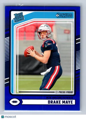 2024 Panini Donruss Rated Rookie Drake Maye Press Proof Blue #379 front