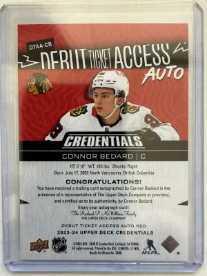 2023-24 Credentials Connor Bedard Debut Ticket Access Auto Red #24/49 back