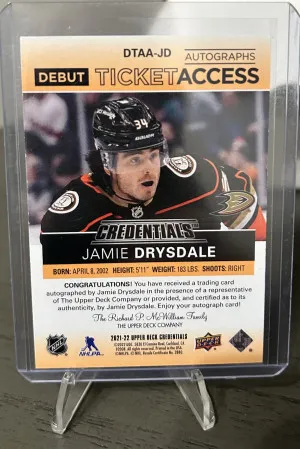 21-22 UD Credentials Jamie Drysdale Debut Ticket Rookie Auto /25 back