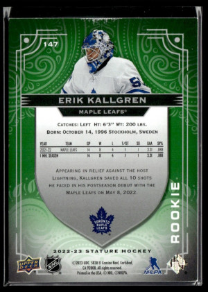 Erik Kallgren 50/66 Rookie Upper Deck Stature Photo Variant Green 2022-23 #147 back