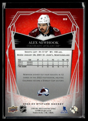 Alex Newhook 06/11 Upper Deck Stature Design Photo Variant Red 2022-23 #89 back