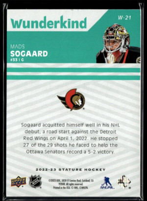 Mads Sogaard 082/150 Rookie Upper Deck Stature Wunderkind Green 2022-23 #W-21 back