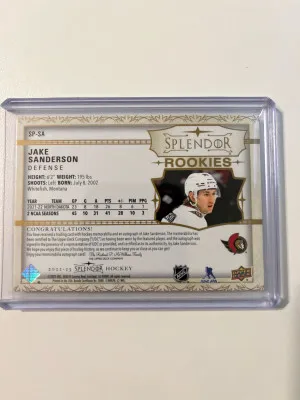 Jake Sanderson 2022-23 The Cup Splendor Rookie Patch Auto #03/49 back