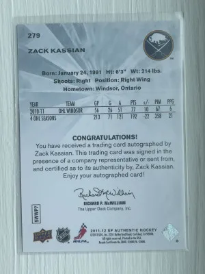 Zack Kassian 2011-12 SP Authentic Future Watch Auto 704/999 back