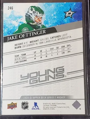Jake Oettinger 2020-21 Upper Deck Young Guns Rookie Card #246 Dallas Stars back