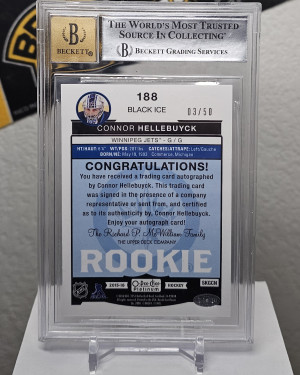 2015-16 OPC Platinum #188 Connor Hellebuyck Black Ice Auto /50 Rookie BGS 8.5/10 back