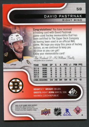 22-23 UD SPGU David Pastrnak base jersey back