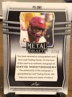 2019 Leaf Metal Draft #PV-DM1 David Montgomery On Card Autograph Numbered 7/10 back