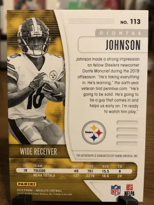 2019 Absolute #113 Diontae Johnson Rookie Autograph Numbered 04/40 back