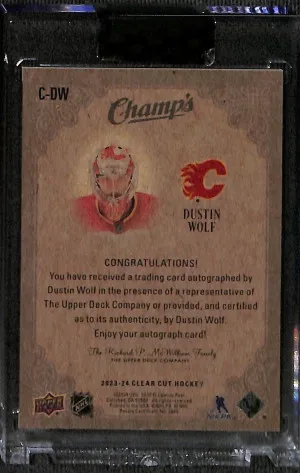 Dustin Wolf Rookie Champs Blue /50 - 2023-24 Upper Deck Clear Cut #C-DW (RC, AU) back