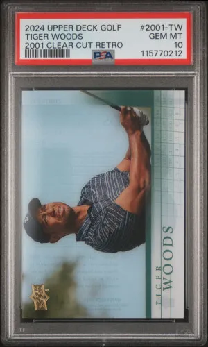 2024 Upper Deck Golf 2001 Clear Cut Retro Tiger Woods PSA 10 front