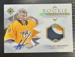 2023/24 Yaroslav Askarov Ultimate Collection RPA /35 Game Worn Tri Patch On Card front