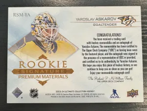 2023/24 Yaroslav Askarov Ultimate Collection RPA /35 Game Worn Tri Patch On Card back