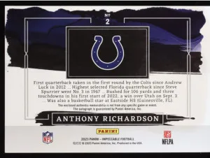 Anthony Richardson 2023 Panini Impeccable Elegance Rookie Helmet and Patch Autographs #2 RC #38/75 back