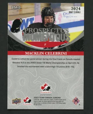 2023 Upper Deck Team Canada Juniors Prospectus Momentous Macklin Celebrini #PM-8 back