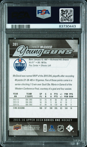 2015-16 Upper Deck CONNOR MCDAVID Young Guns PSA 9 #201 back