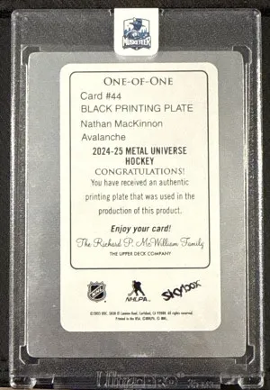 Nathan MacKinnon 1/1 #44 Black Printing Plate 2024-25 Metal Universe Hockey back