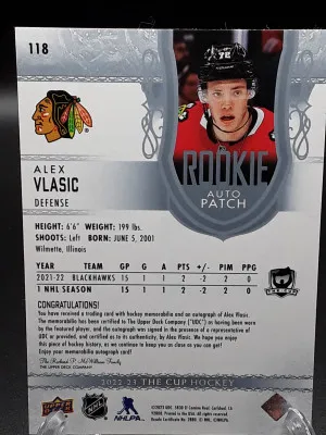 2022-2023 The Cup Alex Vlasic Rookie Patch Auto /249 Blackhawks 3 Color Patch back