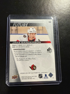 2022-23 SP Authentic Future Watche Jake Sanderson /999 back
