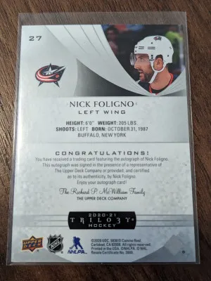 Nick Foligno auto Trilogy 2020-21 autograph back