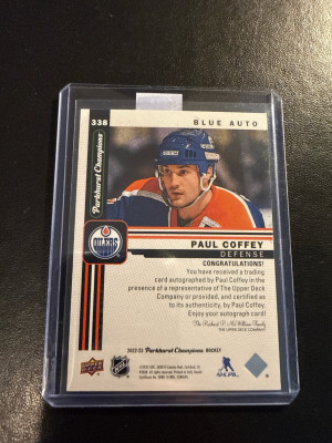 2022 PARKHURST CHAMPIONS #338 PAUL COFFEY LEGEND AUTO BLUE 15/15 back