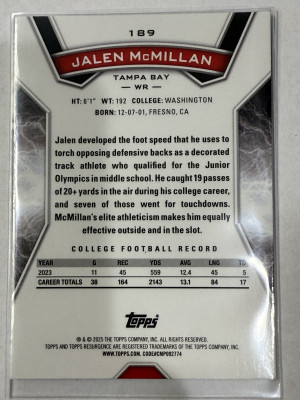 Jalen McMillan #189 2024 Topps Resurgence Football Card Sky Blue & Pink Surge back