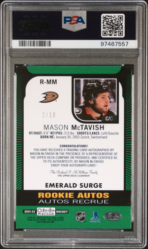2021 Upper Deck O-Pee-Chee Platinum Rookie Autograph Mason Mctavish Rookie Auto-Emerald Surge back
