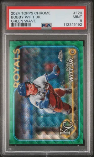 2024 Topps Chrome 120 BOBBY WITT JR. Rare GREEN WAVE REFRACTOR #/99 - PSA 9 MINT front
