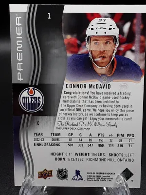 2023-24 Upper Deck Premier Jersey Connor McDavid #1 Oilers back