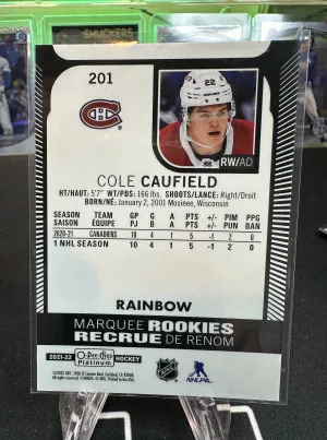 2021-22 OPC O-PEE-CHEE Platinum COLE CAUFIELD Rookie RC RAINBOW PARALLEL #201 Montreal Canadiens back