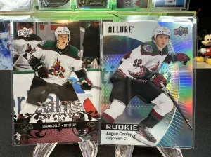 (2) LOGAN COOLEY Rookie Card RC LOT Young Guns #T-35 + Upper Deck Allure #106 Utah Mammoth front