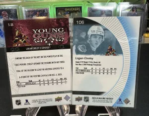(2) LOGAN COOLEY Rookie Card RC LOT Young Guns #T-35 + Upper Deck Allure #106 Utah Mammoth back