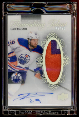 LEON DRAISAITL 2023-24 UPPER DECK PREMIER - FLOURISHING TALENT PATCH AUTOGRAPH 3 COLOR OILERS /50 front