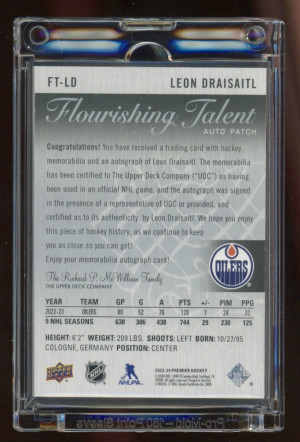 LEON DRAISAITL 2023-24 UPPER DECK PREMIER - FLOURISHING TALENT PATCH AUTOGRAPH 3 COLOR OILERS /50 back